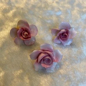 ☘️VTG Denton England Earrings & Brooch Bone China Porcelain Pink Rose Flower Set
